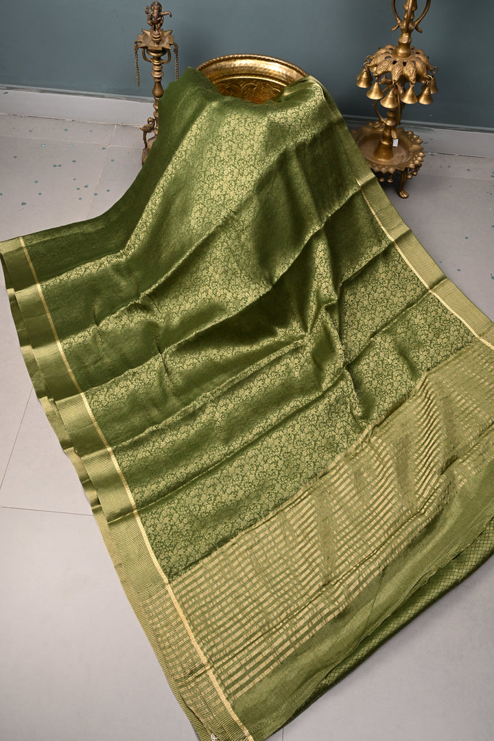 Mehendi Green Mysore Silk Saree with Floral Zari Brocade and Zari Border | SILK MARK CERTIFIED | SHOBITAM