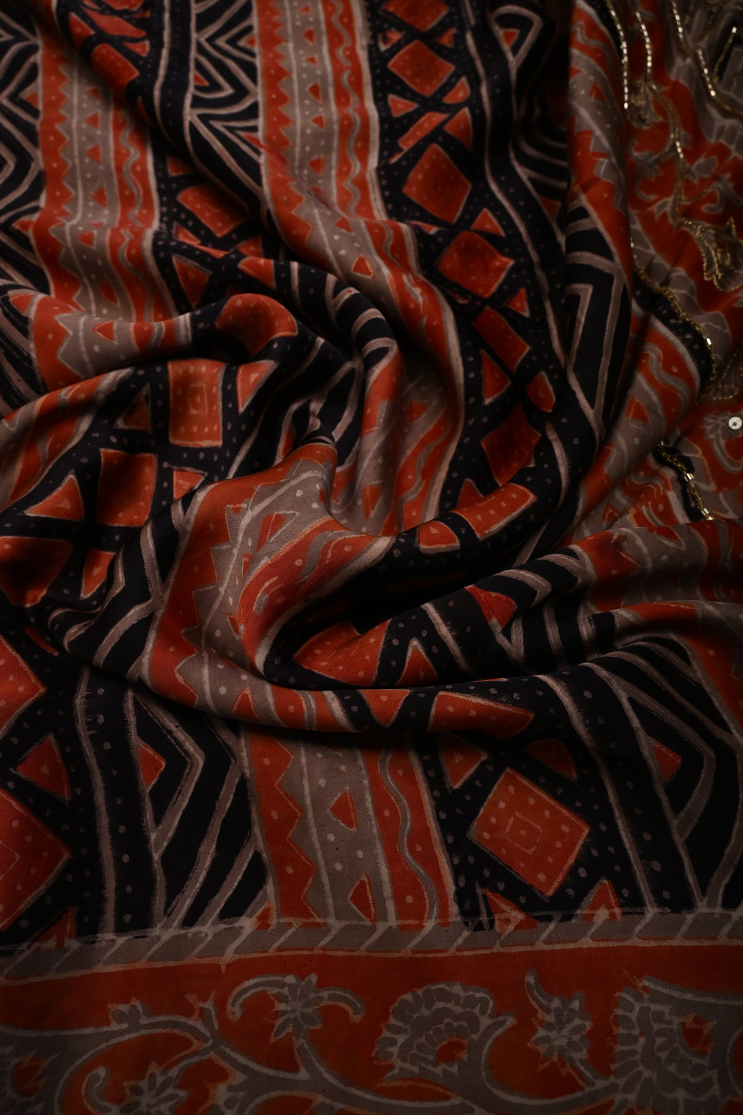 Black-Brown -Orange Ajrakh Hand Block Print on Modal Silk Saree with Sequins, Cutdana and Mirror Hand Embroidery