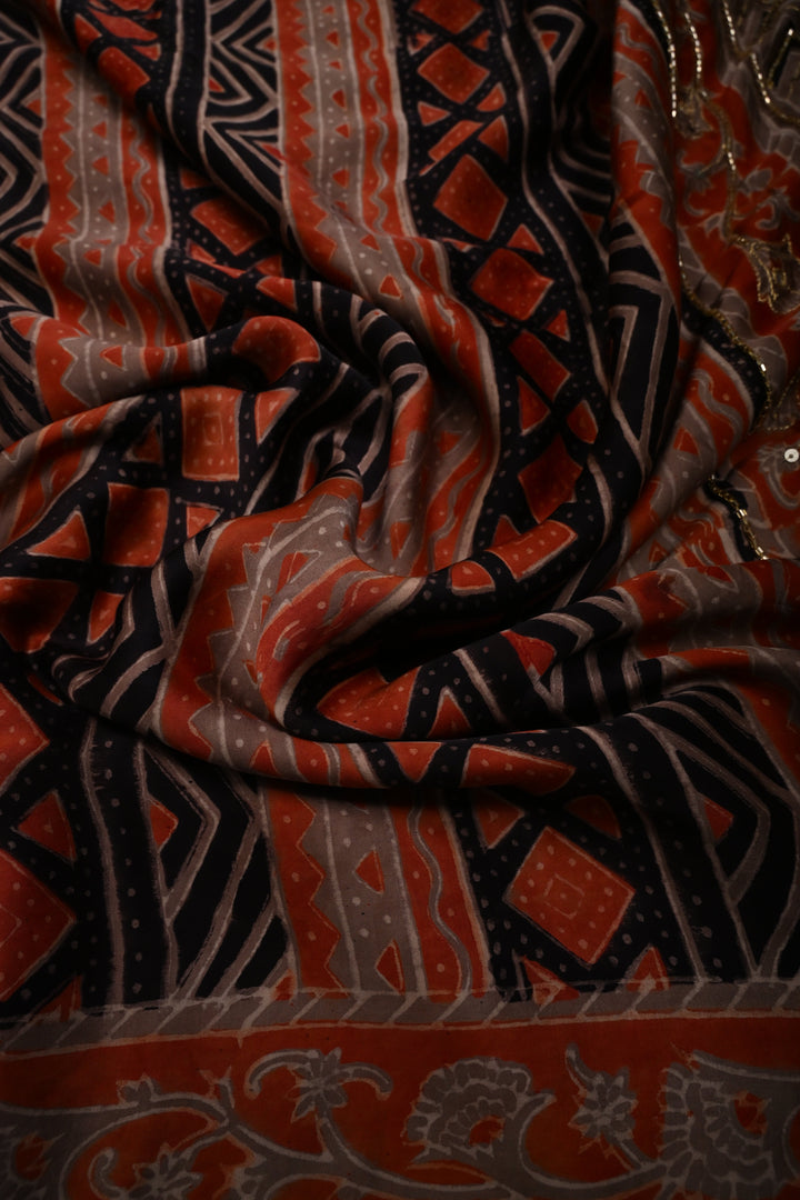 Black-Brown -Orange Ajrakh Hand Block Print on Modal Silk Saree with Sequins, Cutdana and Mirror Hand Embroidery