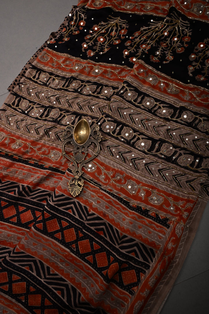 Black-Brown -Orange Ajrakh Hand Block Print on Modal Silk Saree with Sequins, Cutdana and Mirror Hand Embroidery