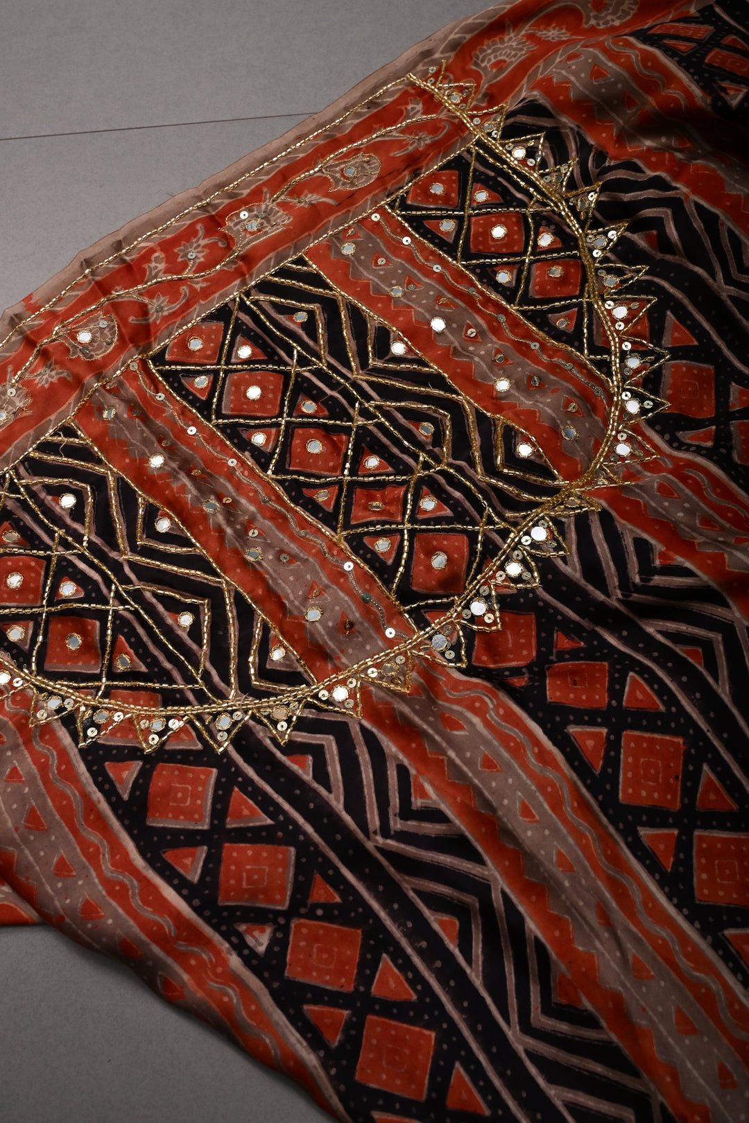 Black-Brown -Orange Ajrakh Hand Block Print on Modal Silk Saree with Sequins, Cutdana and Mirror Hand Embroidery