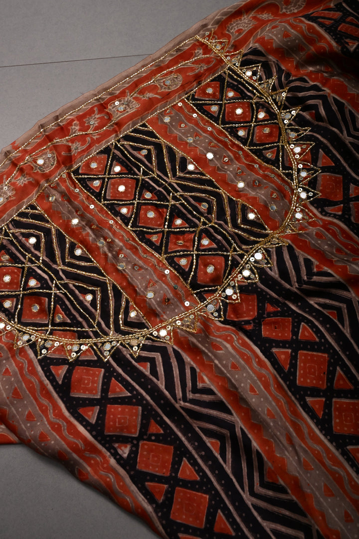 Black-Brown -Orange Ajrakh Hand Block Print on Modal Silk Saree with Sequins, Cutdana and Mirror Hand Embroidery
