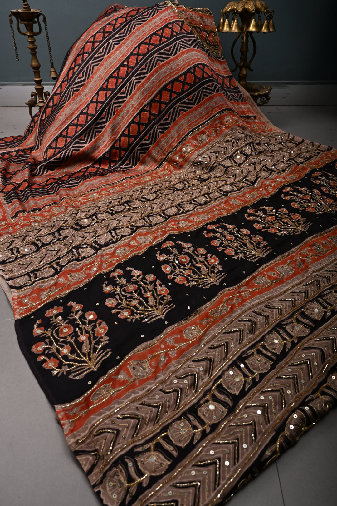 Black-Brown -Orange Ajrakh Hand Block Print on Modal Silk Saree with Sequins, Cutdana and Mirror Hand Embroidery