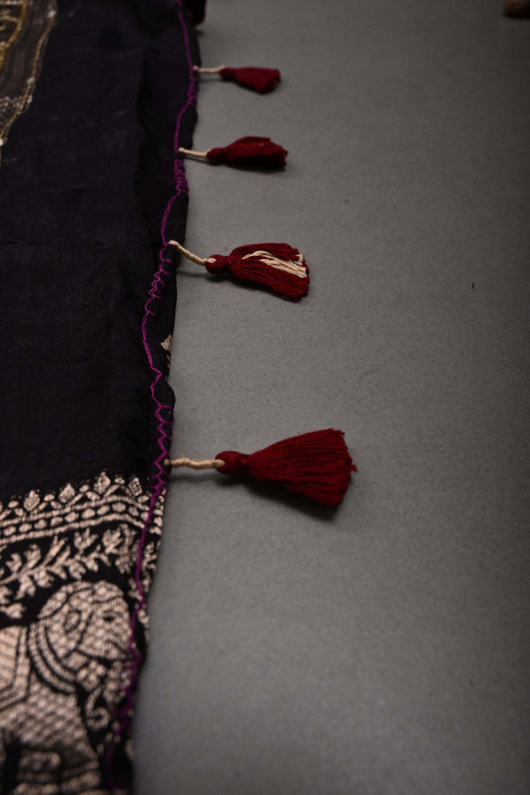 Black Sequins, Cutdana and Mirror Hand Embroidery on Ajrakh Hand Block Print on Dola Silk Saree with Fancy Zari Border | SHOBITAM
