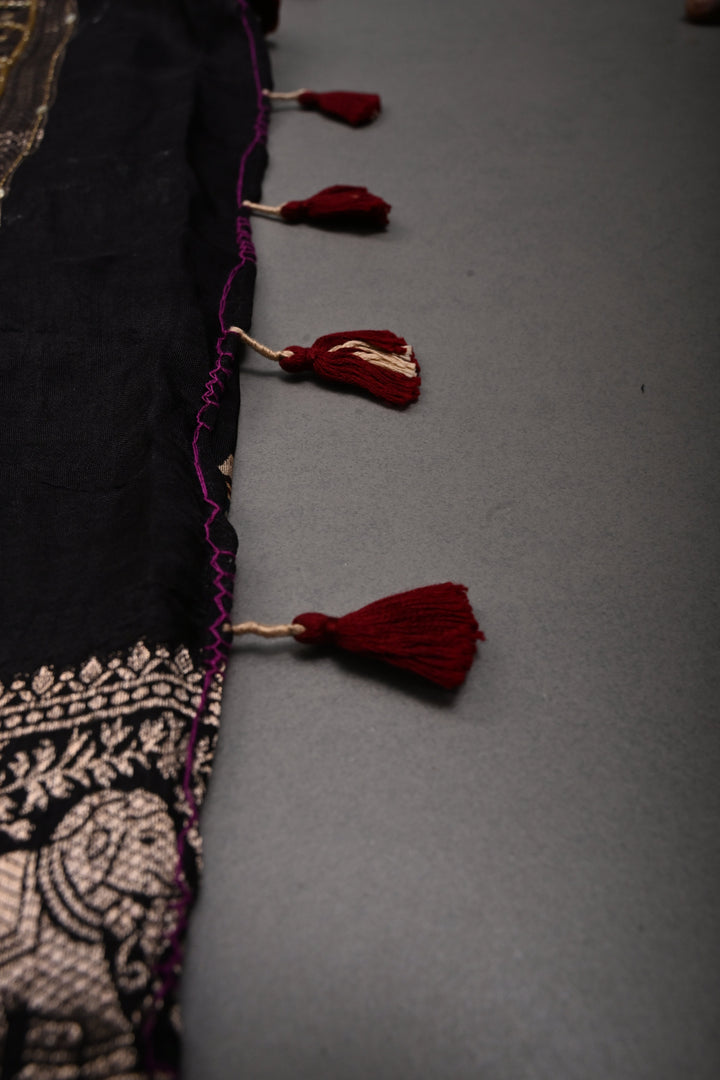 Black Sequins, Cutdana and Mirror Hand Embroidery on Ajrakh Hand Block Print on Dola Silk Saree with Fancy Zari Border | SHOBITAM