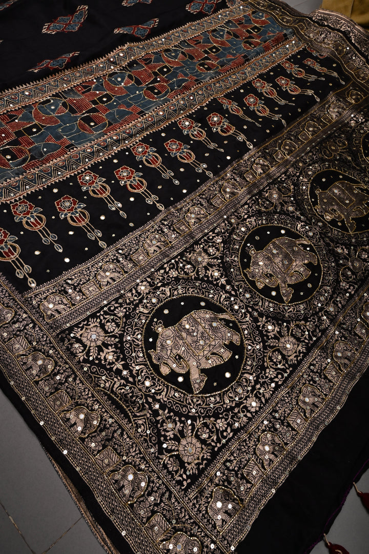 Black Sequins, Cutdana and Mirror Hand Embroidery on Ajrakh Hand Block Print on Dola Silk Saree with Fancy Zari Border | SHOBITAM
