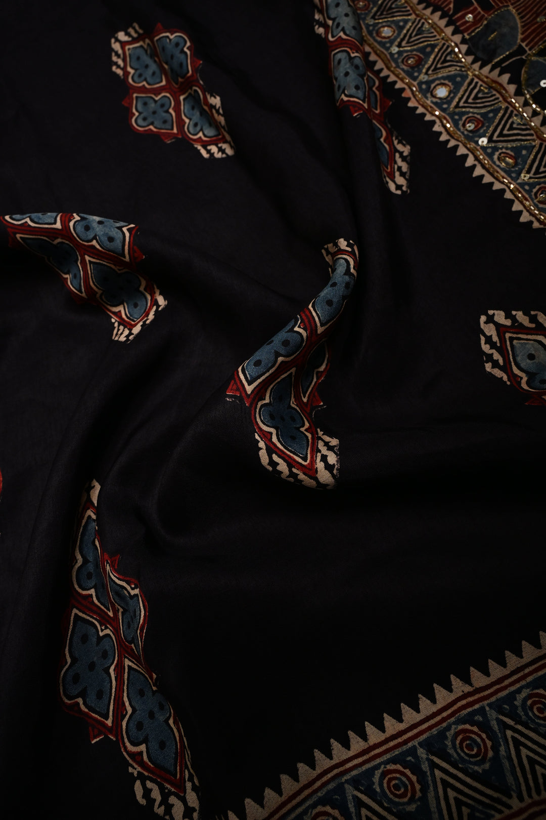 Black Sequins, Cutdana and Mirror Hand Embroidery on Ajrakh Hand Block Print on Dola Silk Saree with Fancy Zari Border | SHOBITAM