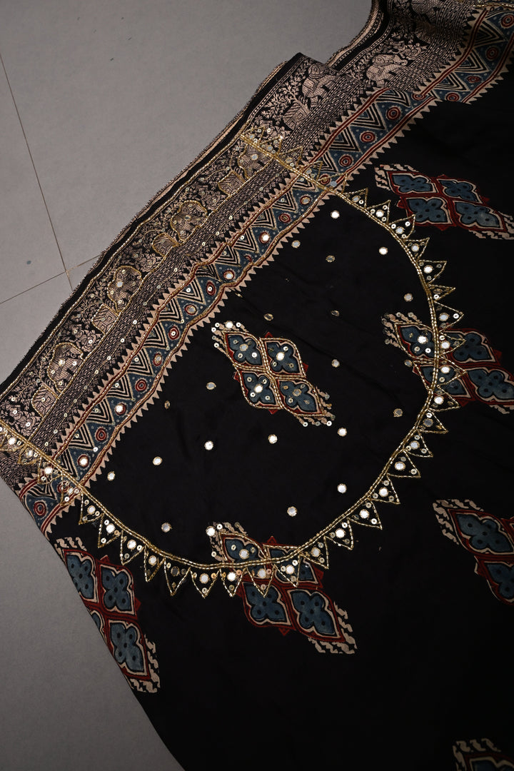 Black Sequins, Cutdana and Mirror Hand Embroidery on Ajrakh Hand Block Print on Dola Silk Saree with Fancy Zari Border | SHOBITAM