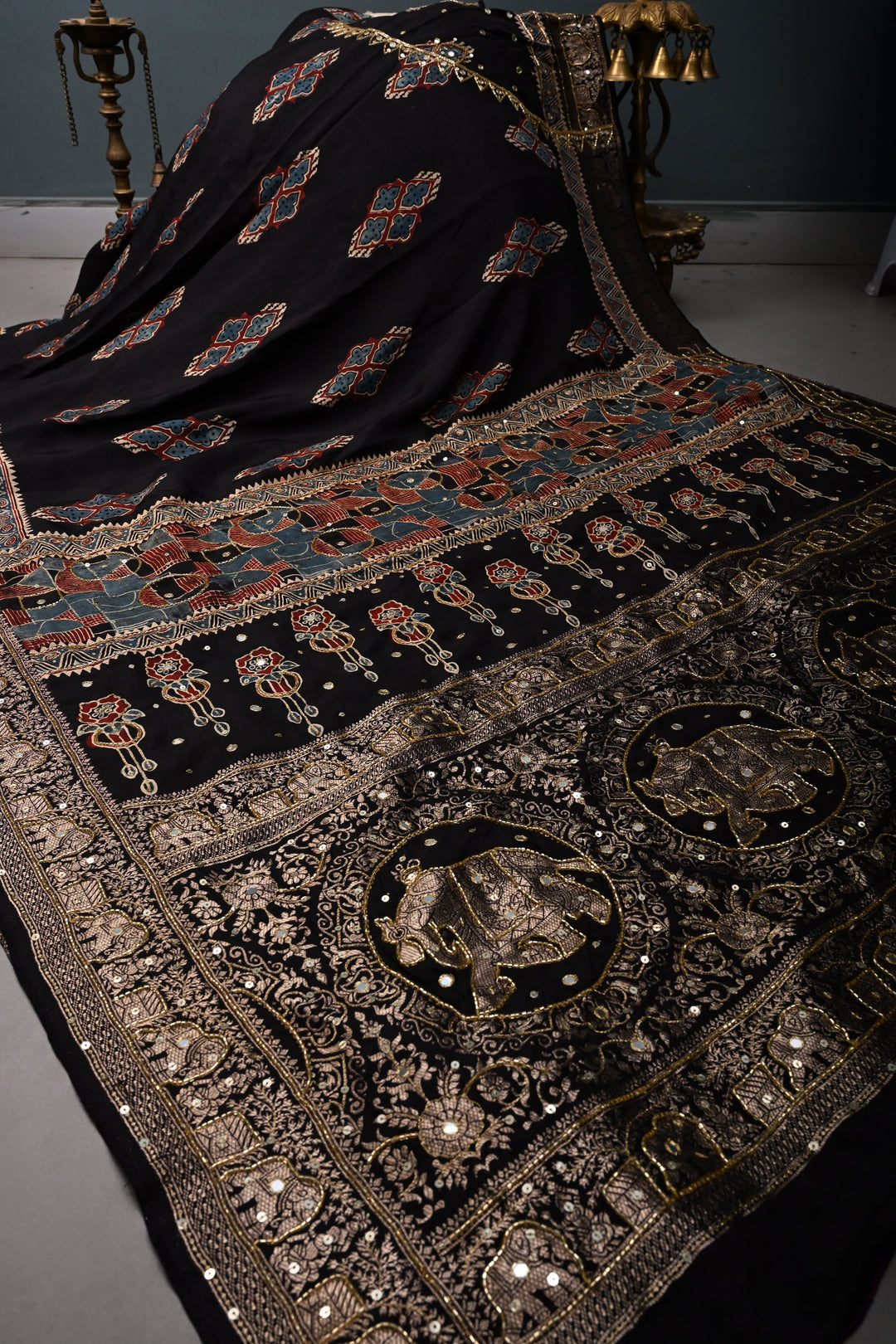 Black Sequins, Cutdana and Mirror Hand Embroidery on Ajrakh Hand Block Print on Dola Silk Saree with Fancy Zari Border | SHOBITAM