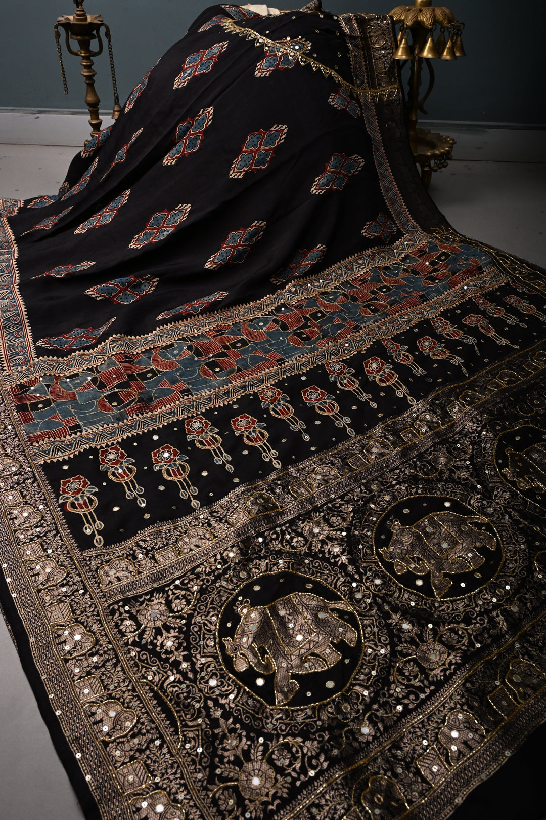 Black Sequins, Cutdana and Mirror Hand Embroidery on Ajrakh Hand Block Print on Dola Silk Saree with Fancy Zari Border | SHOBITAM