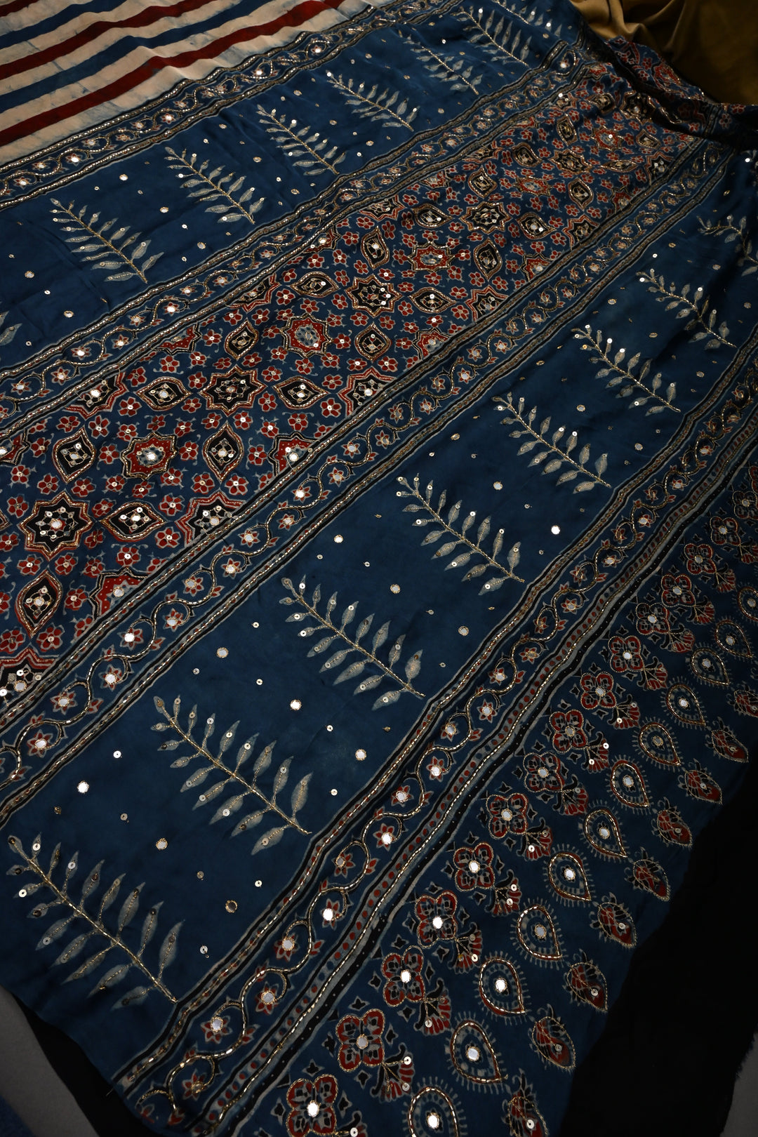 Blue-Beige-Red Stripes Pattern on Modal Silk Saree with Ajrakh Hand Block Print and Sequins, Cutdana and Mirror Hand Embroidery | SHOBITAM