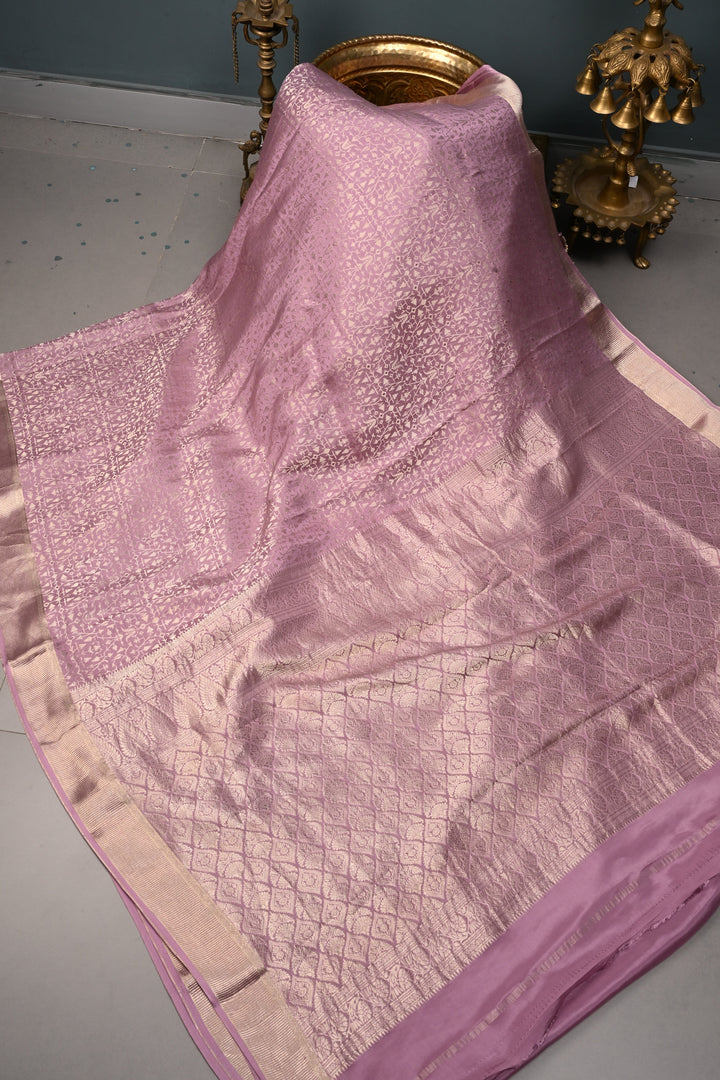 Dusty Amethyst Mysore Silk Saree with Zari Brocade and Zari Border | SILK MARK CERTIFIED | SHOBITAM