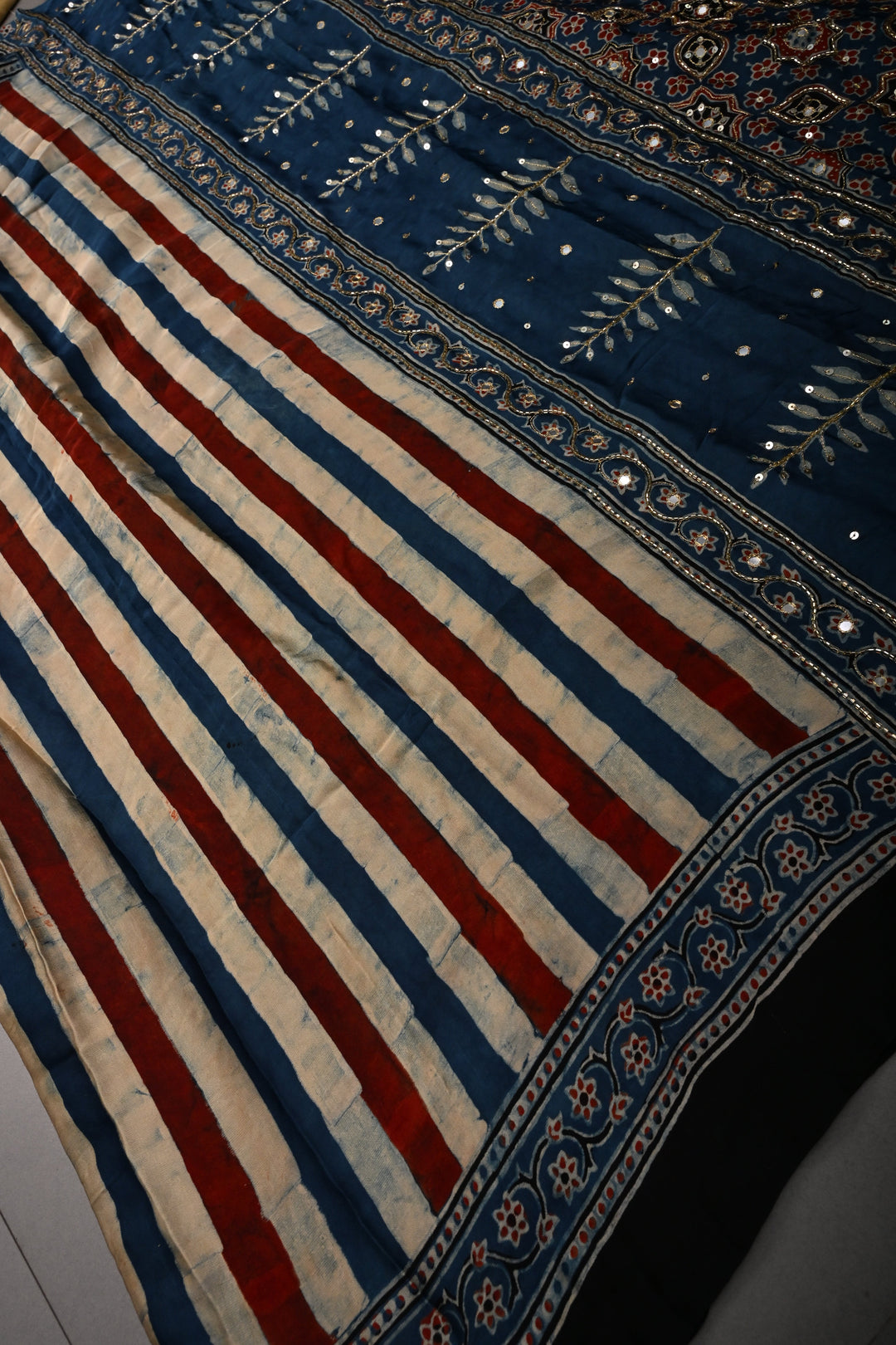 Blue-Beige-Red Stripes Pattern on Modal Silk Saree with Ajrakh Hand Block Print and Sequins, Cutdana and Mirror Hand Embroidery | SHOBITAM