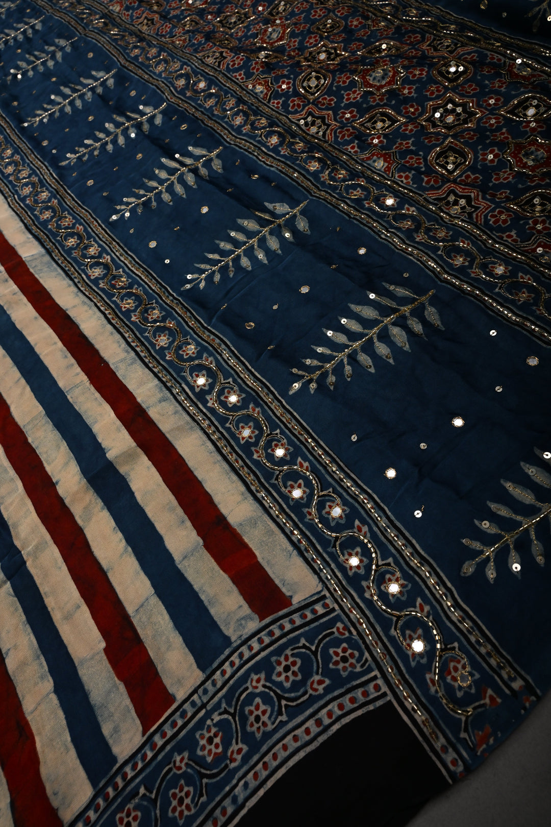 Blue-Beige-Red Stripes Pattern on Modal Silk Saree with Ajrakh Hand Block Print and Sequins, Cutdana and Mirror Hand Embroidery | SHOBITAM