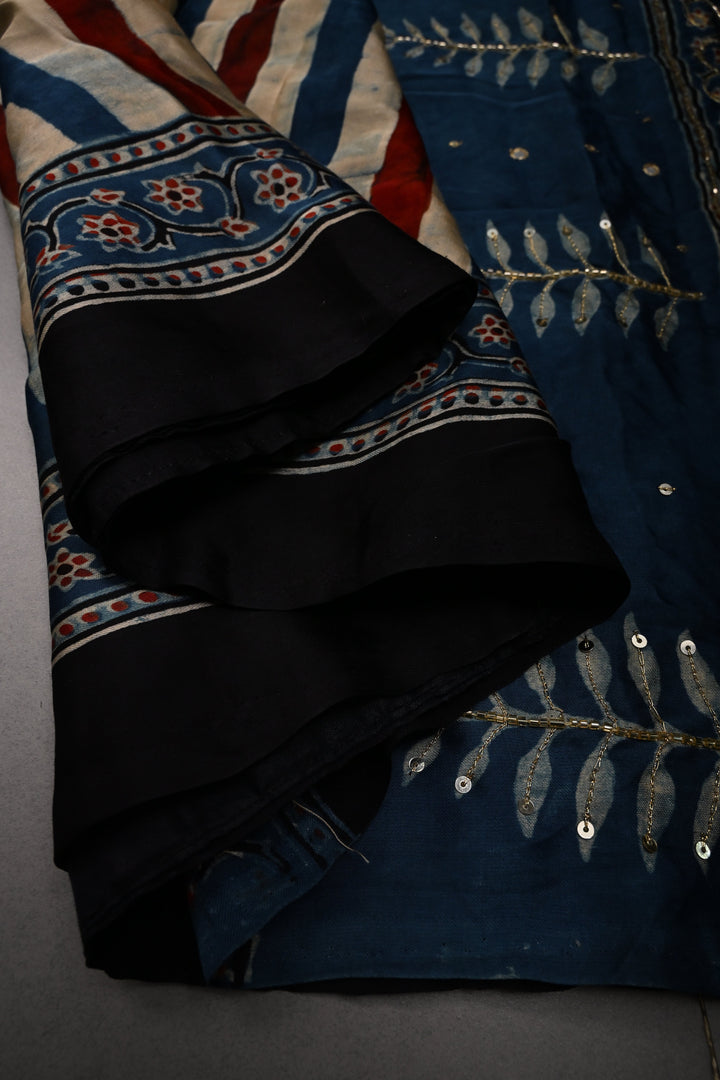 Blue-Beige-Red Stripes Pattern on Modal Silk Saree with Ajrakh Hand Block Print and Sequins, Cutdana and Mirror Hand Embroidery | SHOBITAM