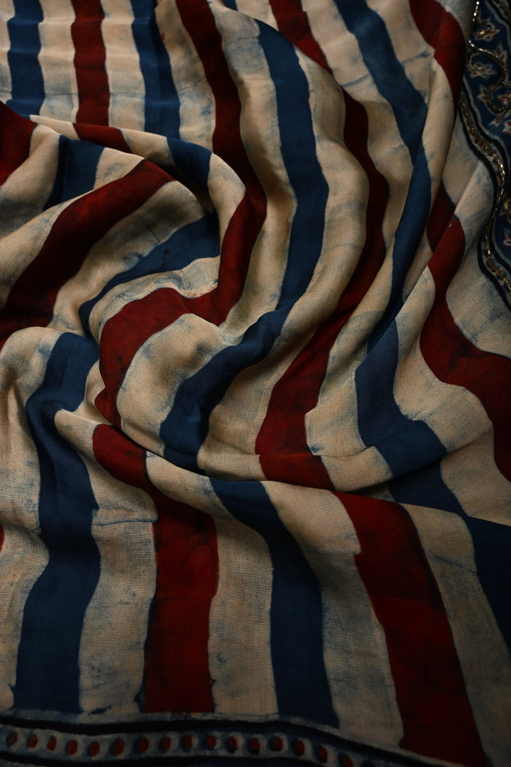 Blue-Beige-Red Stripes Pattern on Modal Silk Saree with Ajrakh Hand Block Print and Sequins, Cutdana and Mirror Hand Embroidery | SHOBITAM