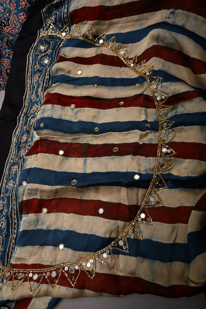 Blue-Beige-Red Stripes Pattern on Modal Silk Saree with Ajrakh Hand Block Print and Sequins, Cutdana and Mirror Hand Embroidery | SHOBITAM