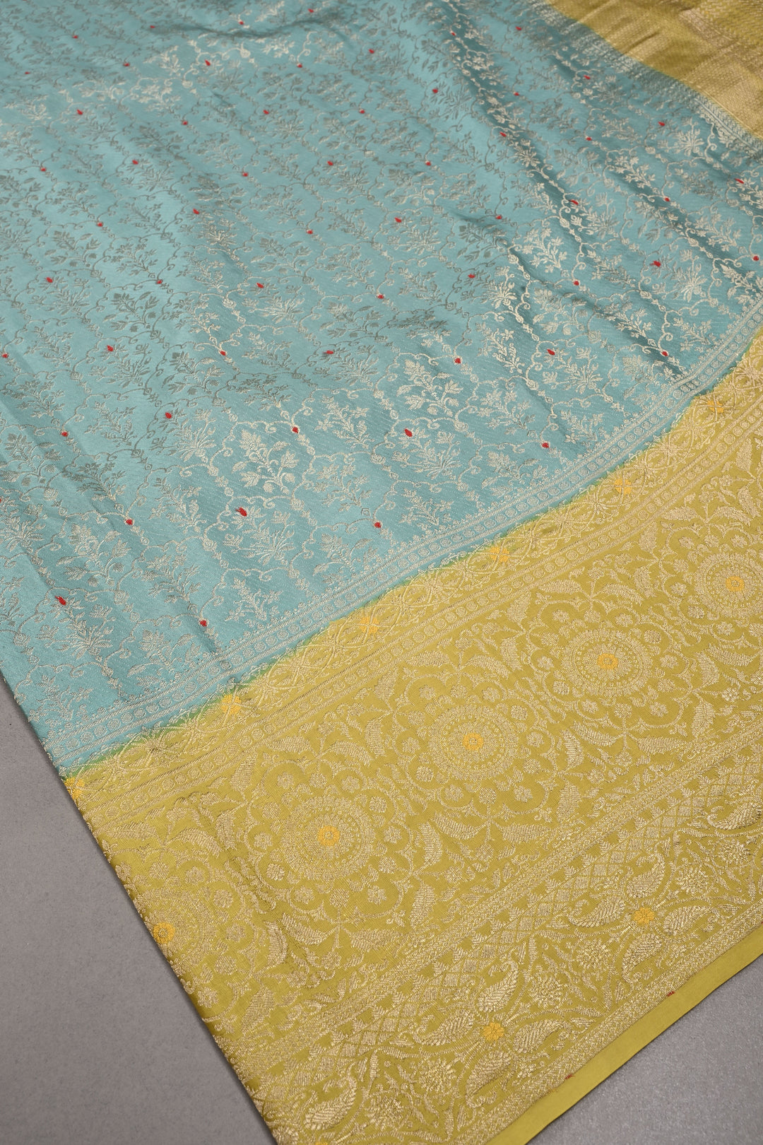Tealish Sky Blue Mysore Silk Saree with Meenakari Persian Brocade Jaal and Contrast Zari Border | SILK MARK CERTIFIED | SHOBITAM