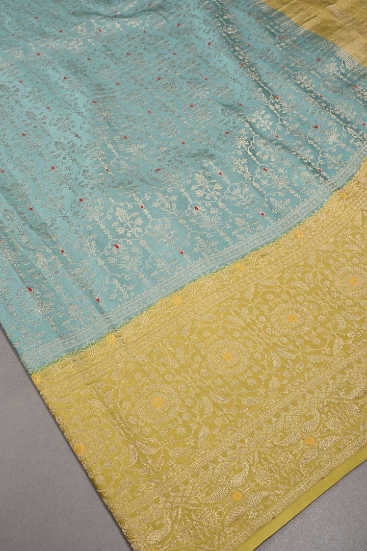 Tealish Sky Blue Mysore Silk Saree with Meenakari Persian Brocade Jaal and Contrast Zari Border | SILK MARK CERTIFIED | SHOBITAM