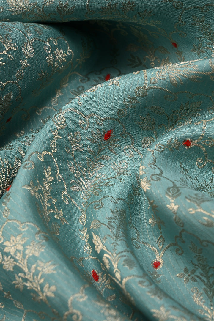 Tealish Sky Blue Mysore Silk Saree with Meenakari Persian Brocade Jaal and Contrast Zari Border | SILK MARK CERTIFIED | SHOBITAM