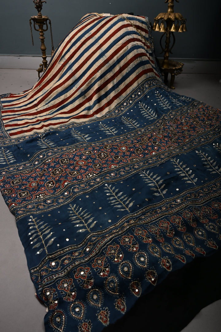 Blue-Beige-Red Stripes Pattern on Modal Silk Saree with Ajrakh Hand Block Print and Sequins, Cutdana and Mirror Hand Embroidery | SHOBITAM