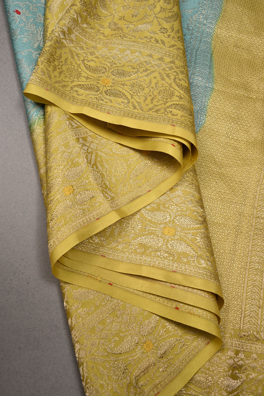 Tealish Sky Blue Mysore Silk Saree with Meenakari Persian Brocade Jaal and Contrast Zari Border | SILK MARK CERTIFIED | SHOBITAM