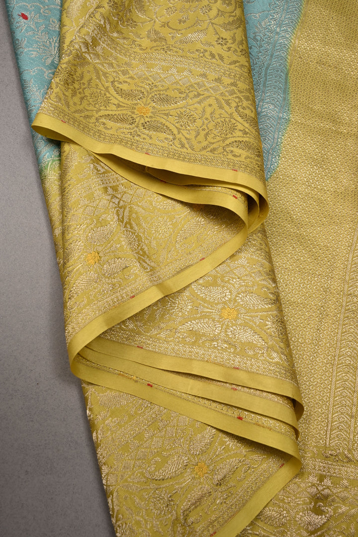 Tealish Sky Blue Mysore Silk Saree with Meenakari Persian Brocade Jaal and Contrast Zari Border | SILK MARK CERTIFIED | SHOBITAM