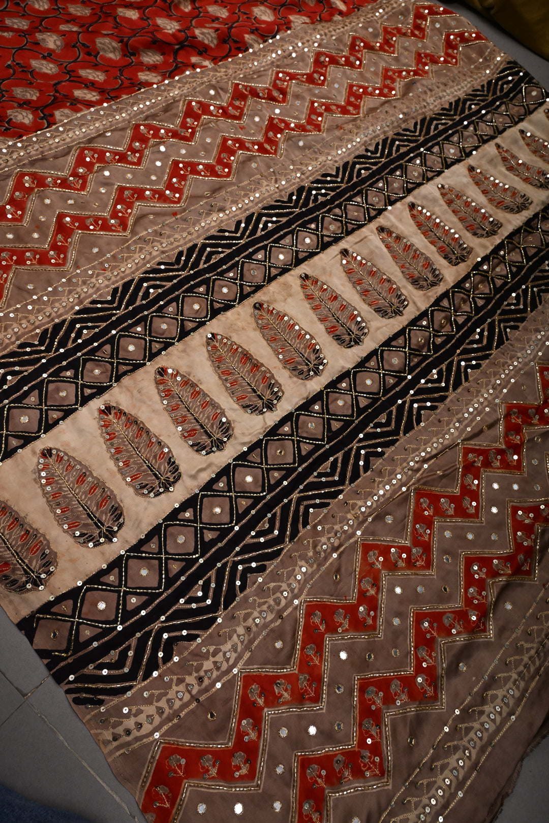 Rust Floral Hand Block Print on Modal Silk Saree with Sequins, Cutdana and Mirror Hand Embroidery | SHOBITAM