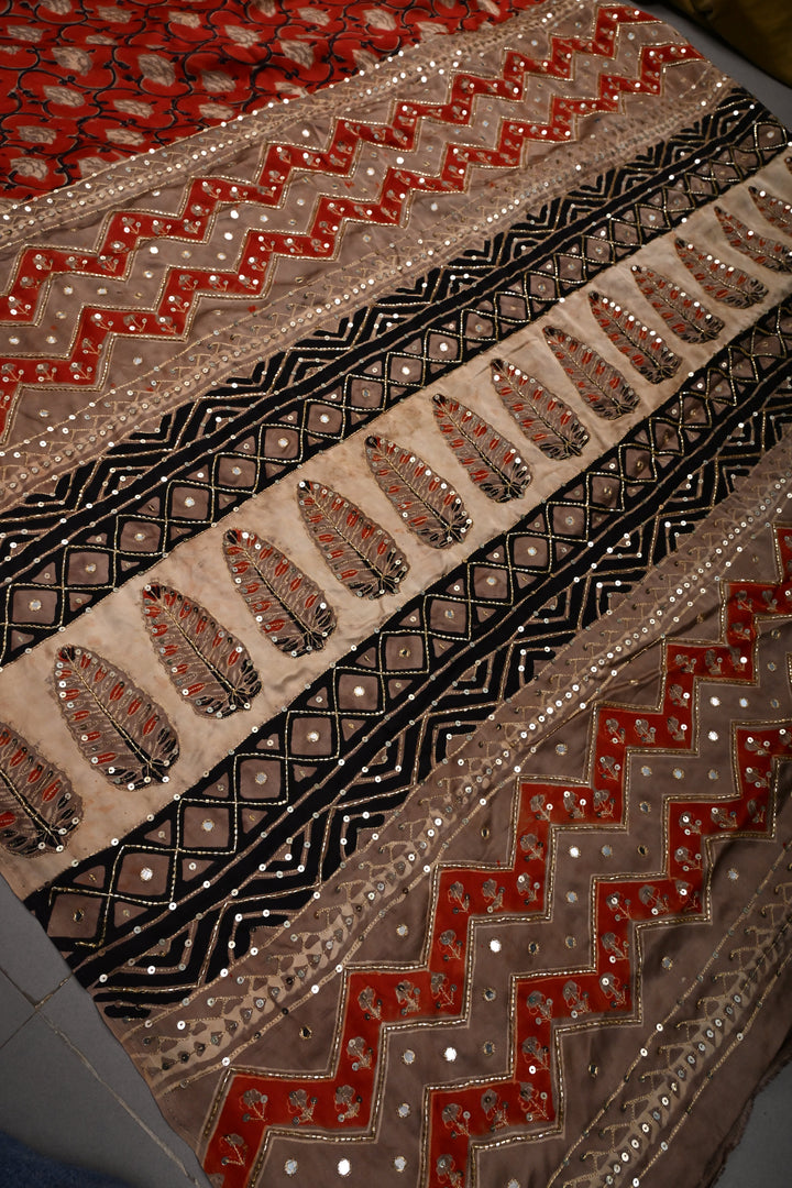 Rust Floral Hand Block Print on Modal Silk Saree with Sequins, Cutdana and Mirror Hand Embroidery | SHOBITAM