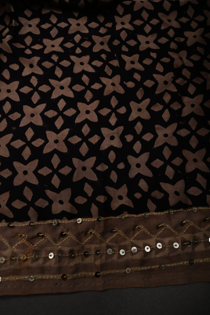 Rust Floral Hand Block Print on Modal Silk Saree with Sequins, Cutdana and Mirror Hand Embroidery | SHOBITAM