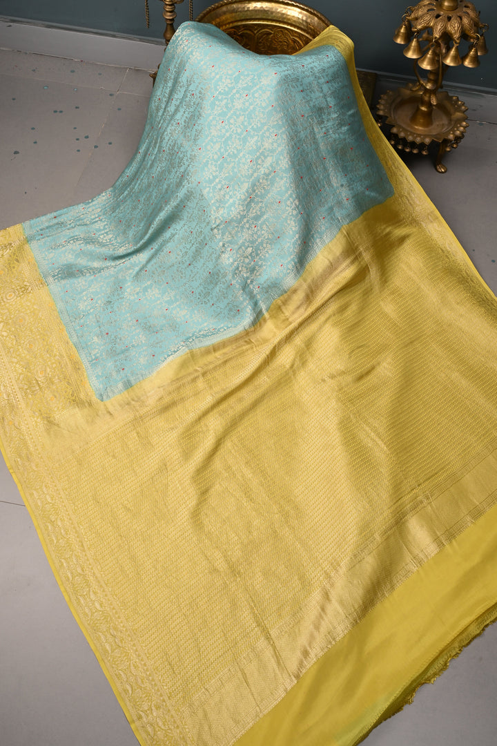 Tealish Sky Blue Mysore Silk Saree with Meenakari Persian Brocade Jaal and Contrast Zari Border | SILK MARK CERTIFIED | SHOBITAM
