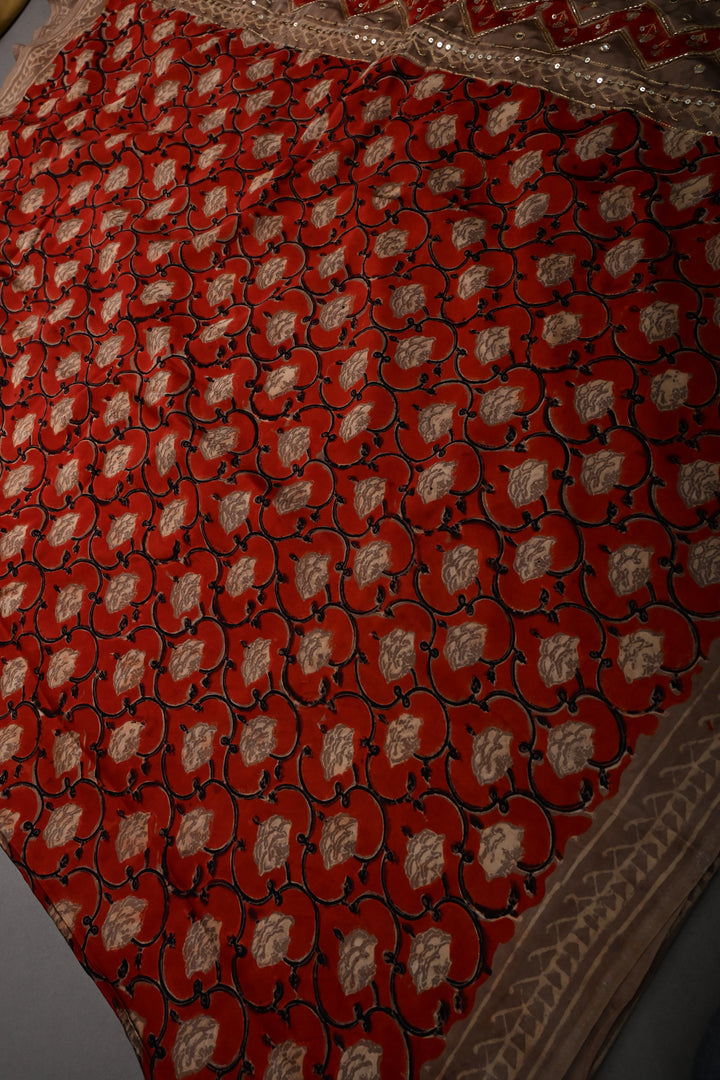 Rust Floral Hand Block Print on Modal Silk Saree with Sequins, Cutdana and Mirror Hand Embroidery | SHOBITAM