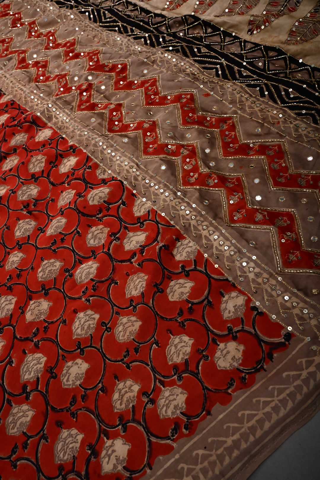 Rust Floral Hand Block Print on Modal Silk Saree with Sequins, Cutdana and Mirror Hand Embroidery | SHOBITAM