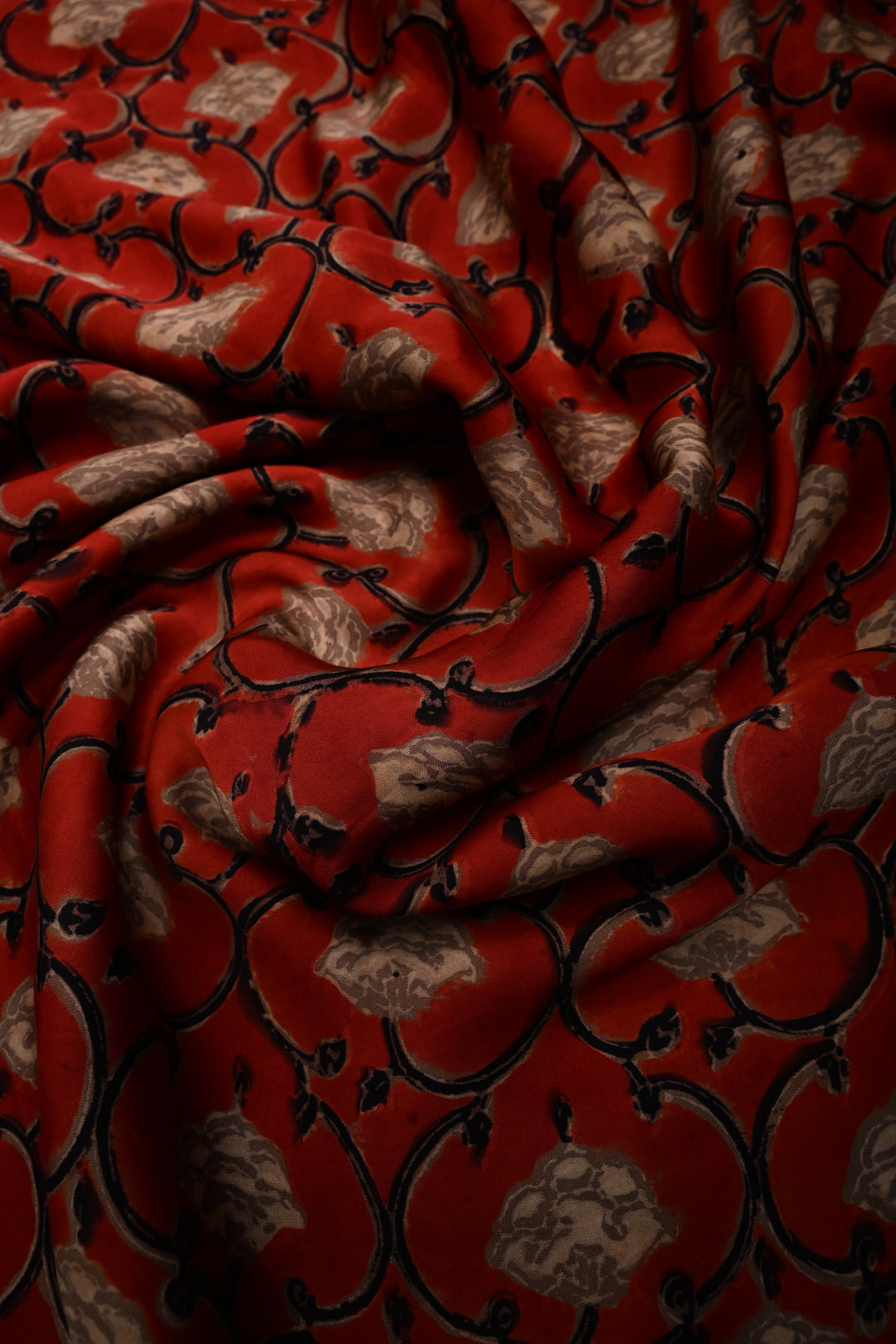 Rust Floral Hand Block Print on Modal Silk Saree with Sequins, Cutdana and Mirror Hand Embroidery | SHOBITAM