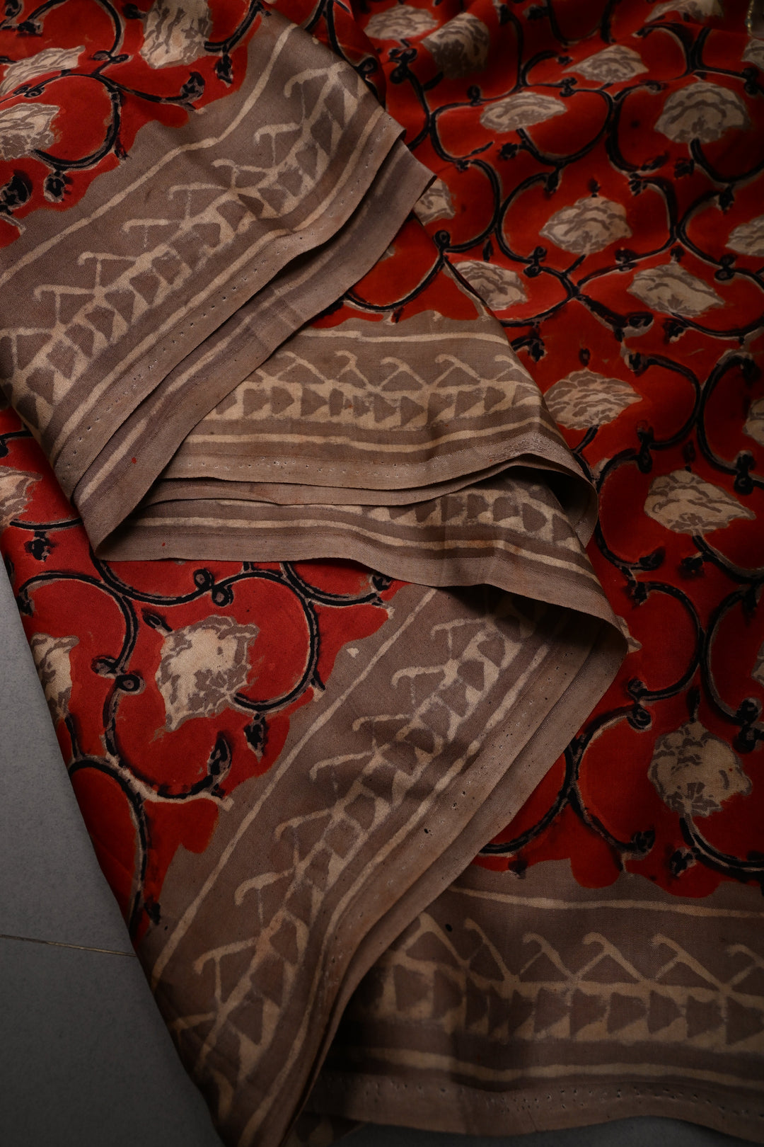 Rust Floral Hand Block Print on Modal Silk Saree with Sequins, Cutdana and Mirror Hand Embroidery | SHOBITAM
