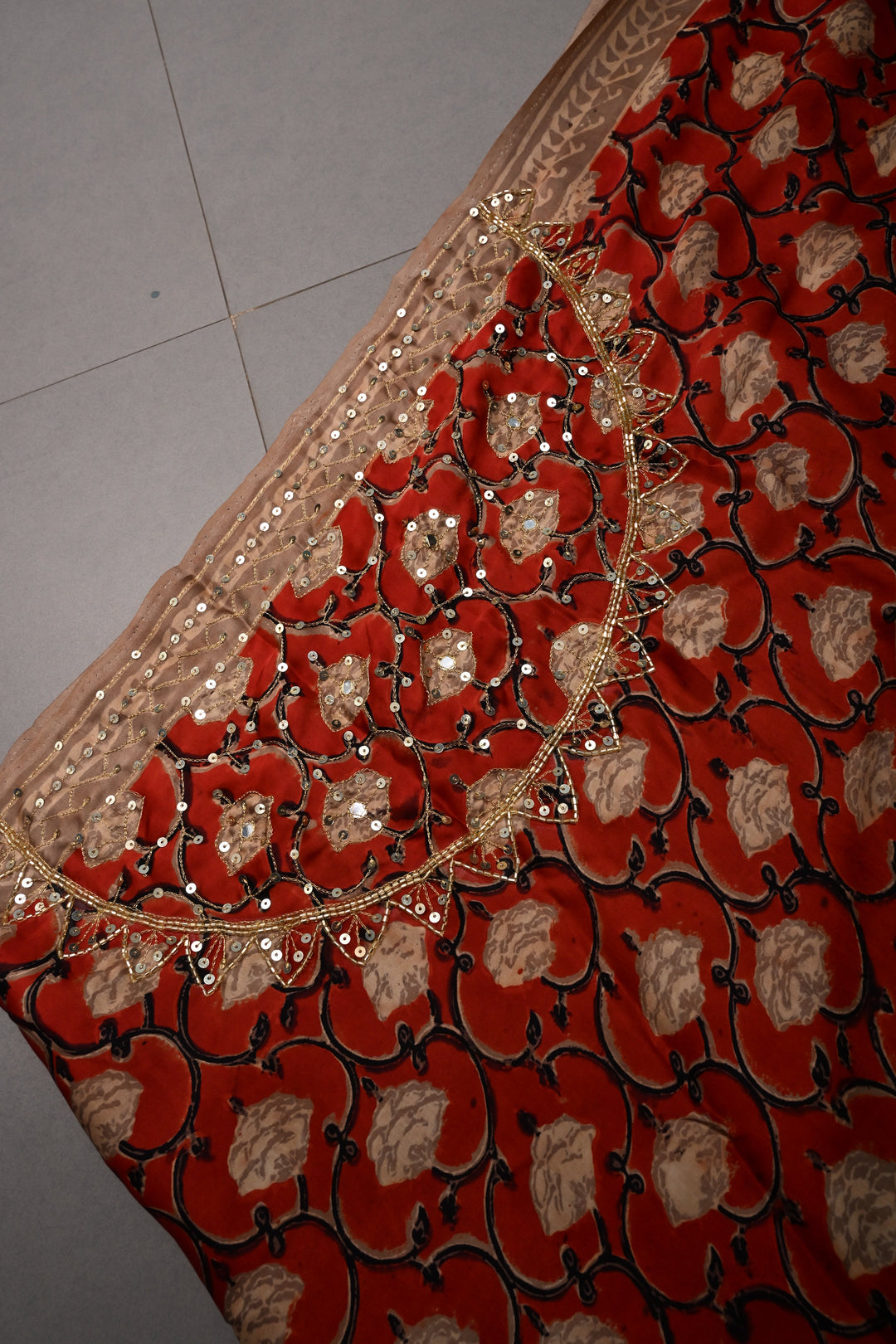 Rust Floral Hand Block Print on Modal Silk Saree with Sequins, Cutdana and Mirror Hand Embroidery | SHOBITAM
