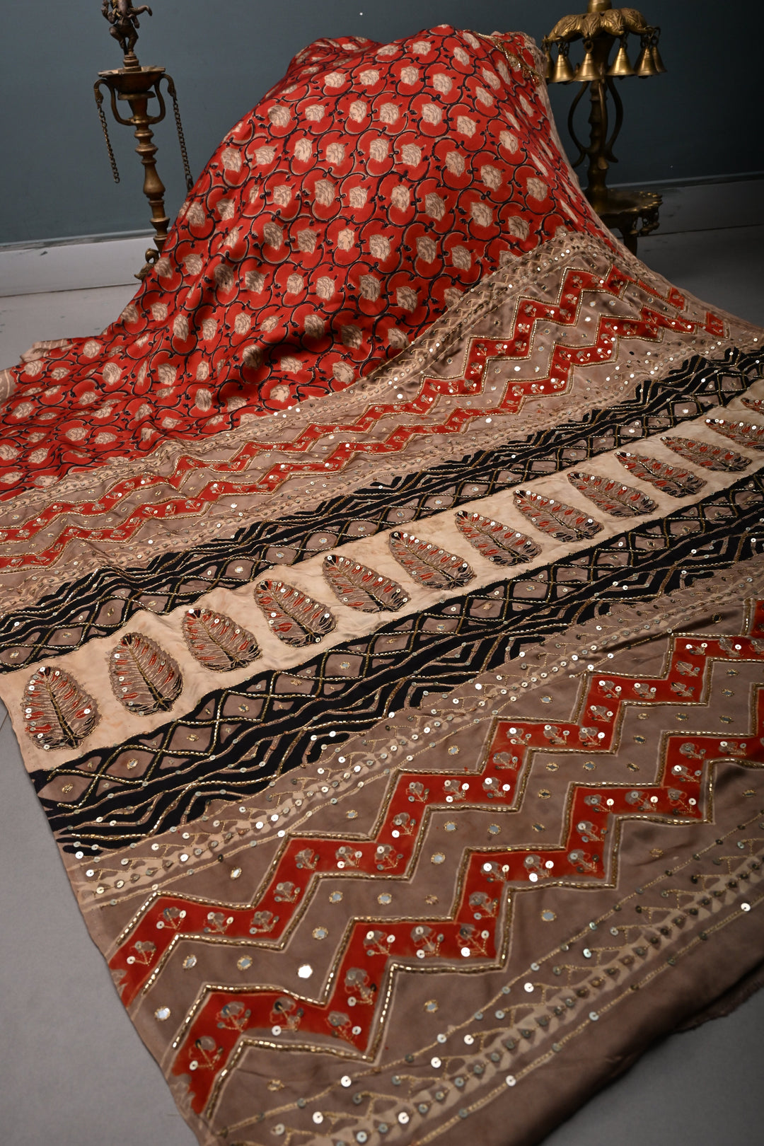Rust Floral Hand Block Print on Modal Silk Saree with Sequins, Cutdana and Mirror Hand Embroidery | SHOBITAM