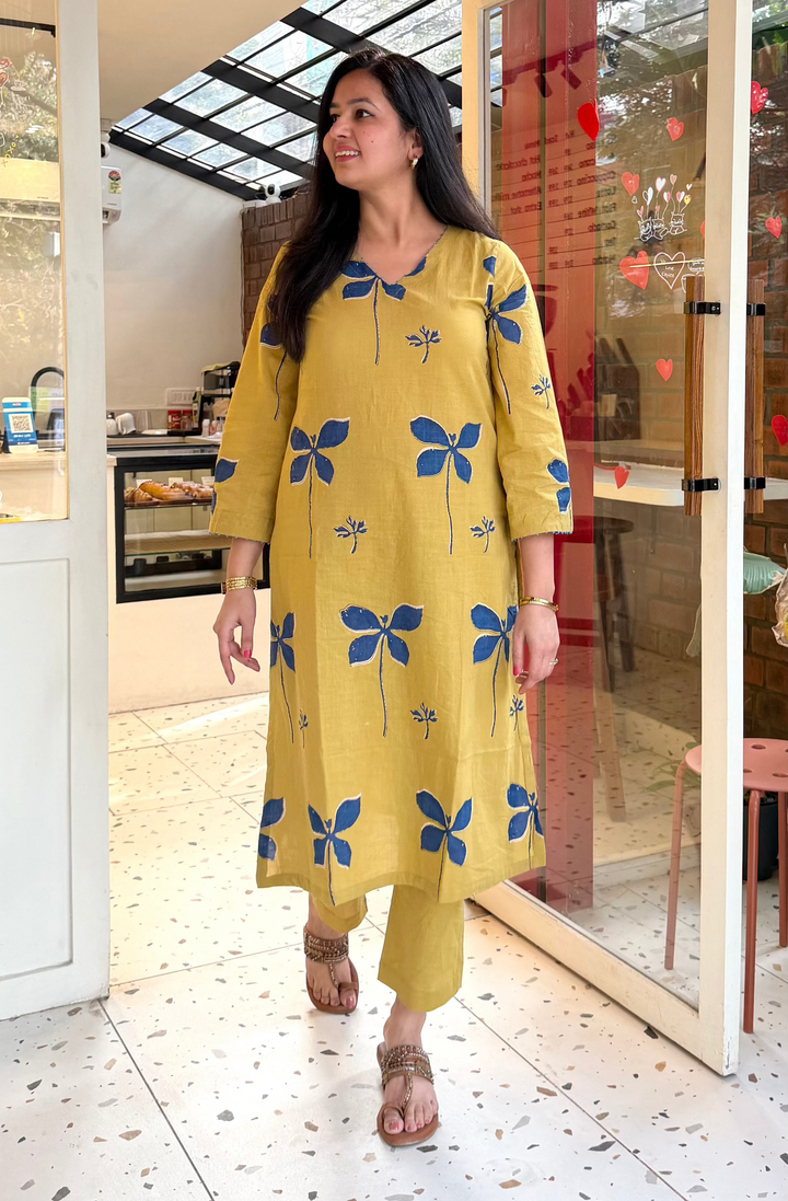 MUSTARD Hand Block Embroidered Cotton Kurta Set Of 2
