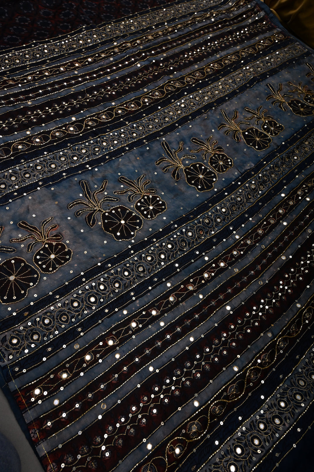 Brown-Blue Modal Silk Saree with Floral Hand Block Print and Sequins, Cutdana and Mirror Hand Embroidery | SHOBITAM
