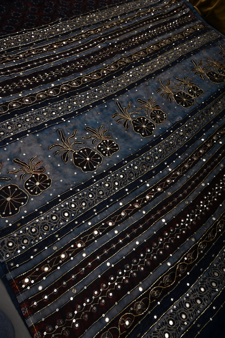 Brown-Blue Modal Silk Saree with Floral Hand Block Print and Sequins, Cutdana and Mirror Hand Embroidery | SHOBITAM