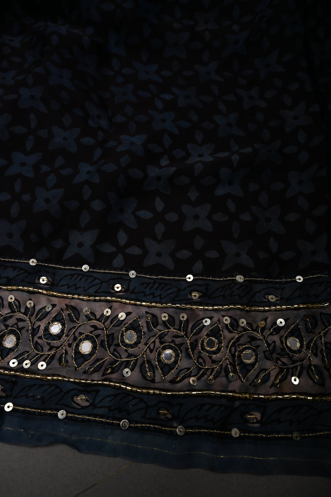 Brown-Blue Modal Silk Saree with Floral Hand Block Print and Sequins, Cutdana and Mirror Hand Embroidery | SHOBITAM