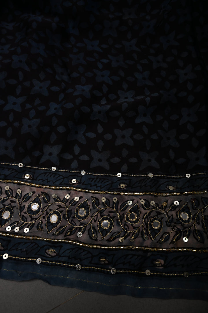 Brown-Blue Modal Silk Saree with Floral Hand Block Print and Sequins, Cutdana and Mirror Hand Embroidery | SHOBITAM