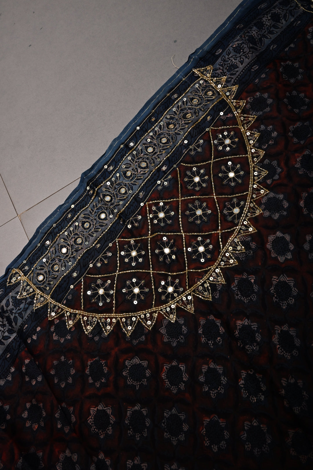 Brown-Blue Modal Silk Saree with Floral Hand Block Print and Sequins, Cutdana and Mirror Hand Embroidery | SHOBITAM