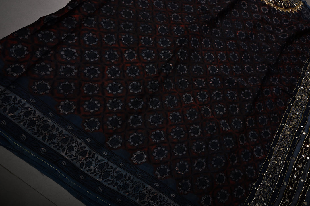 Brown-Blue Modal Silk Saree with Floral Hand Block Print and Sequins, Cutdana and Mirror Hand Embroidery | SHOBITAM