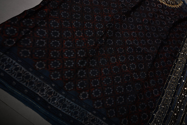 Brown-Blue Modal Silk Saree with Floral Hand Block Print and Sequins, Cutdana and Mirror Hand Embroidery | SHOBITAM