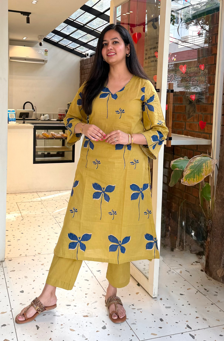 MUSTARD Hand Block Embroidered Cotton Kurta Set Of 2