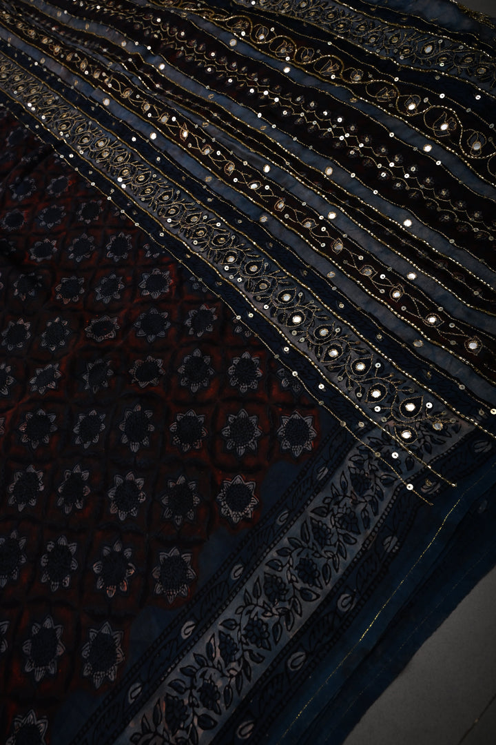 Brown-Blue Modal Silk Saree with Floral Hand Block Print and Sequins, Cutdana and Mirror Hand Embroidery | SHOBITAM