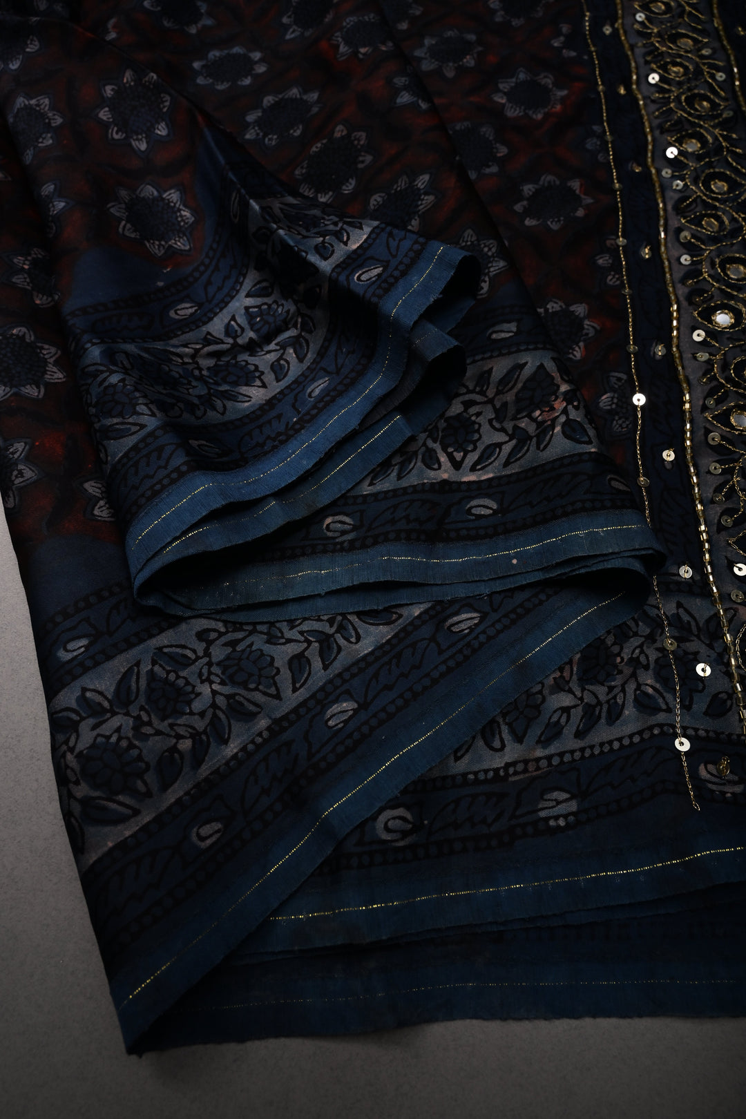 Brown-Blue Modal Silk Saree with Floral Hand Block Print and Sequins, Cutdana and Mirror Hand Embroidery | SHOBITAM