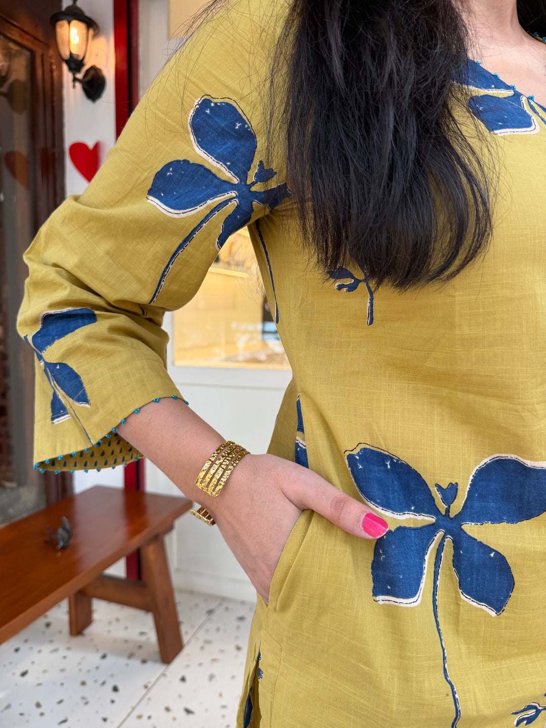 MUSTARD Hand Block Embroidered Cotton Kurta Set Of 2