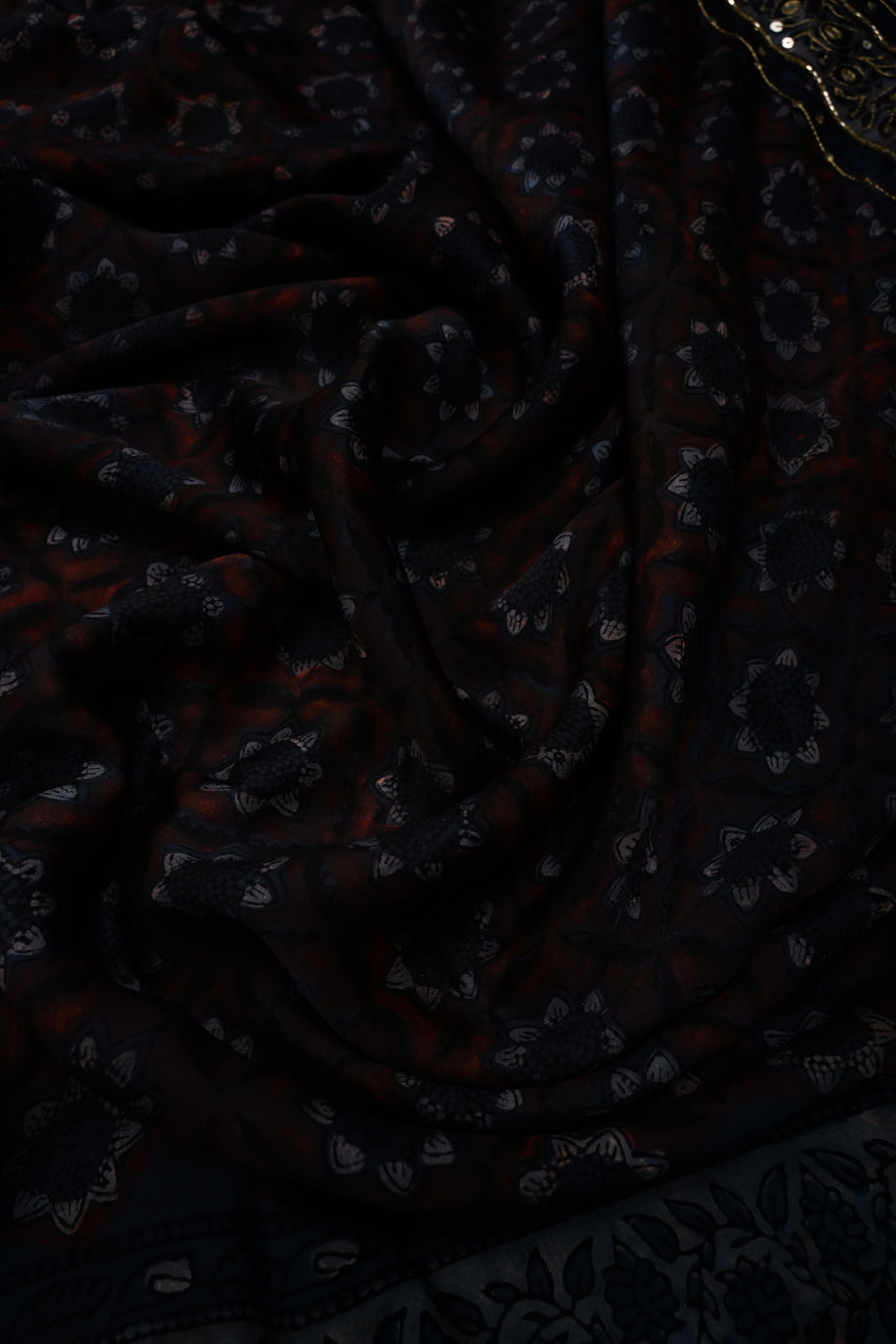 Brown-Blue Modal Silk Saree with Floral Hand Block Print and Sequins, Cutdana and Mirror Hand Embroidery | SHOBITAM